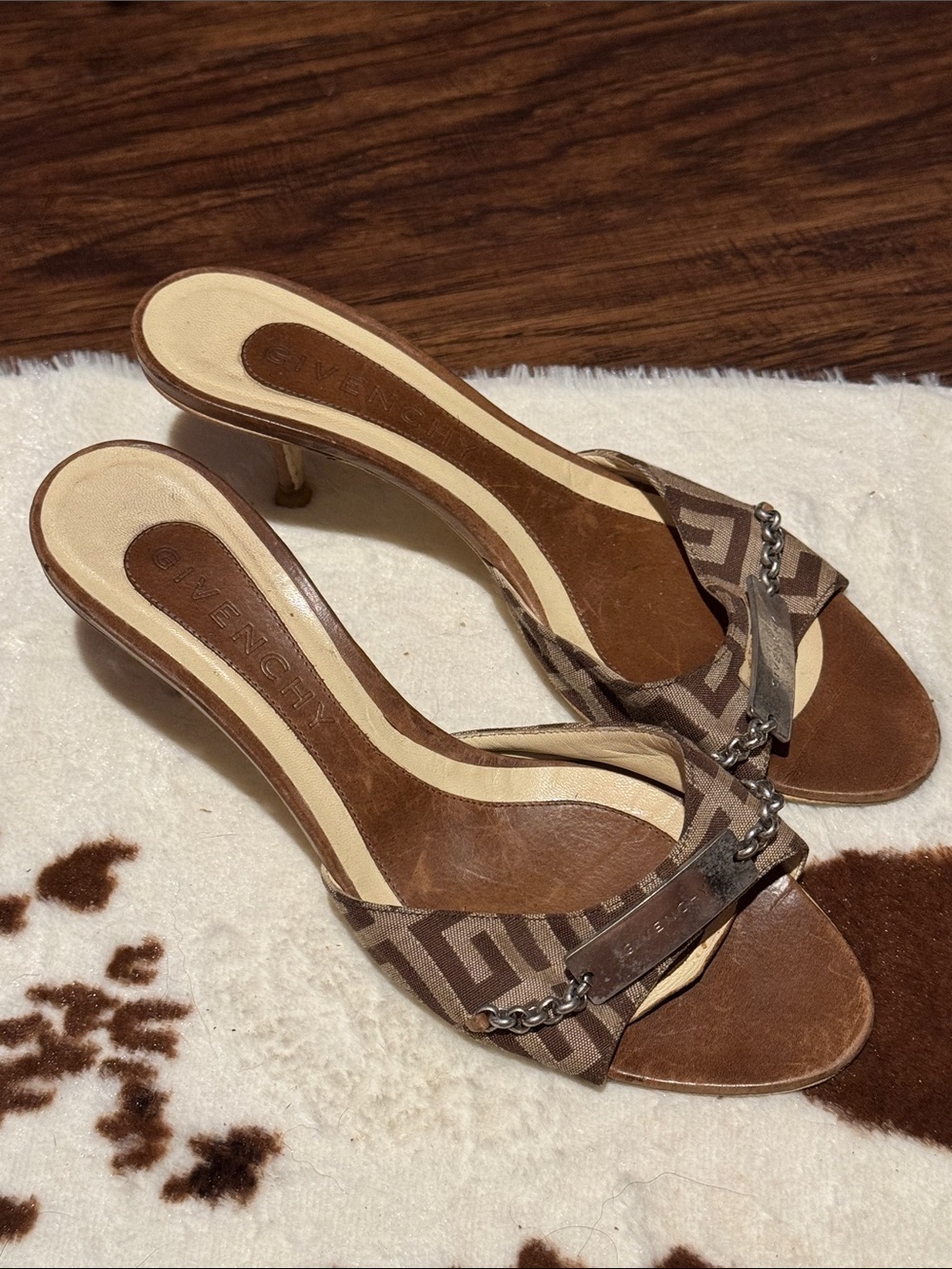 Givenchy Brown Monogram Open-Toe Chain-Accent Mules